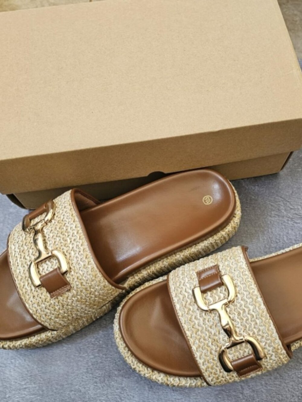 Woven Slide Sandals with Gold Buckle – Brown